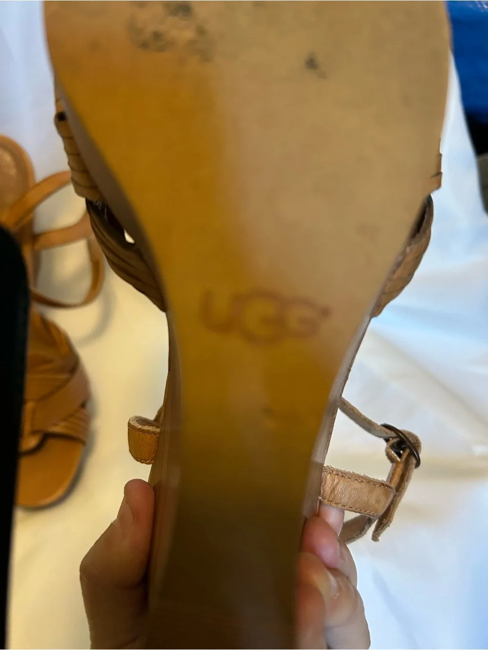 UGG Women's Brown Woven Leather Wedge Sandals - Ankle Strap